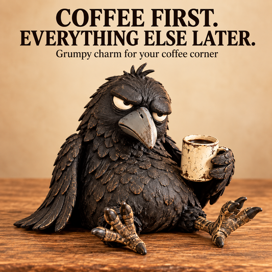 🐦⬛☕ Grumpy Raven Coffee Figurine – Rustic Vintage Farmhouse Tabletop Decor