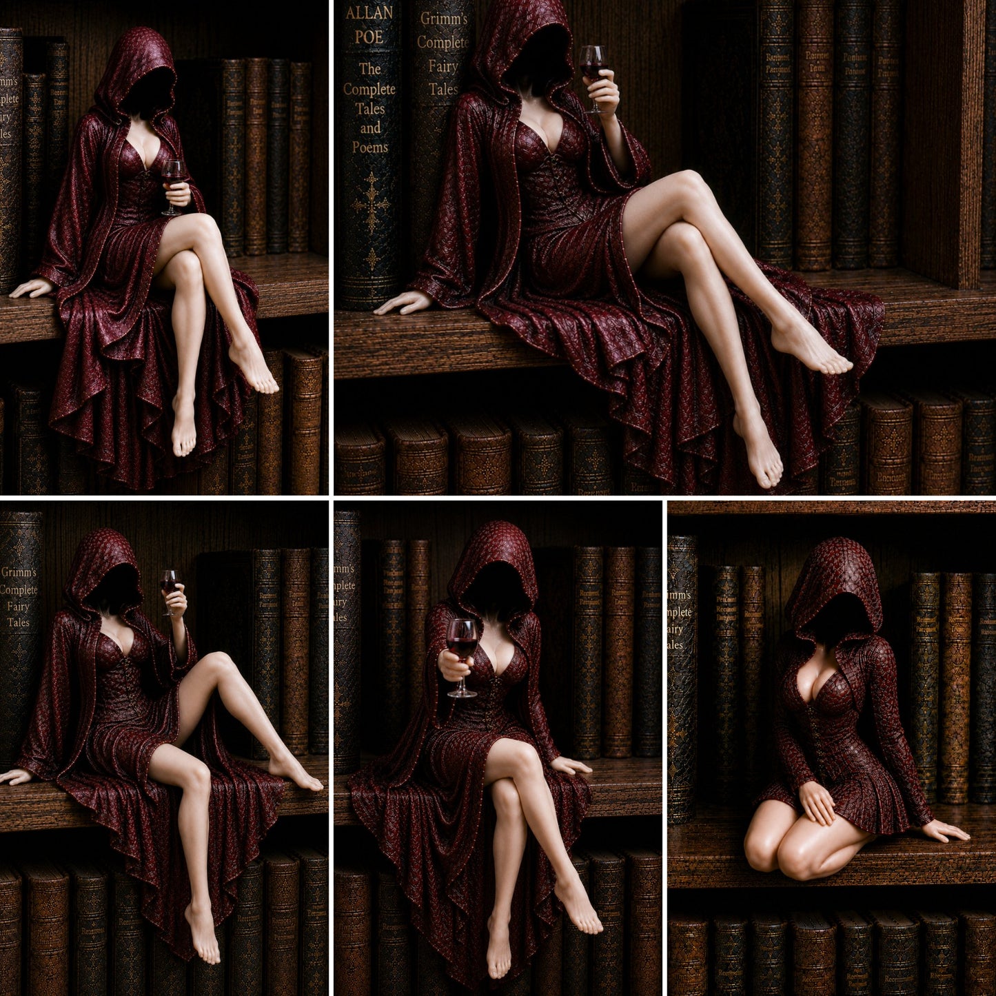 Midnight Reader Hooded Wine Muse Bookshelf Statue – Gothic Fantasy Shelf Decor