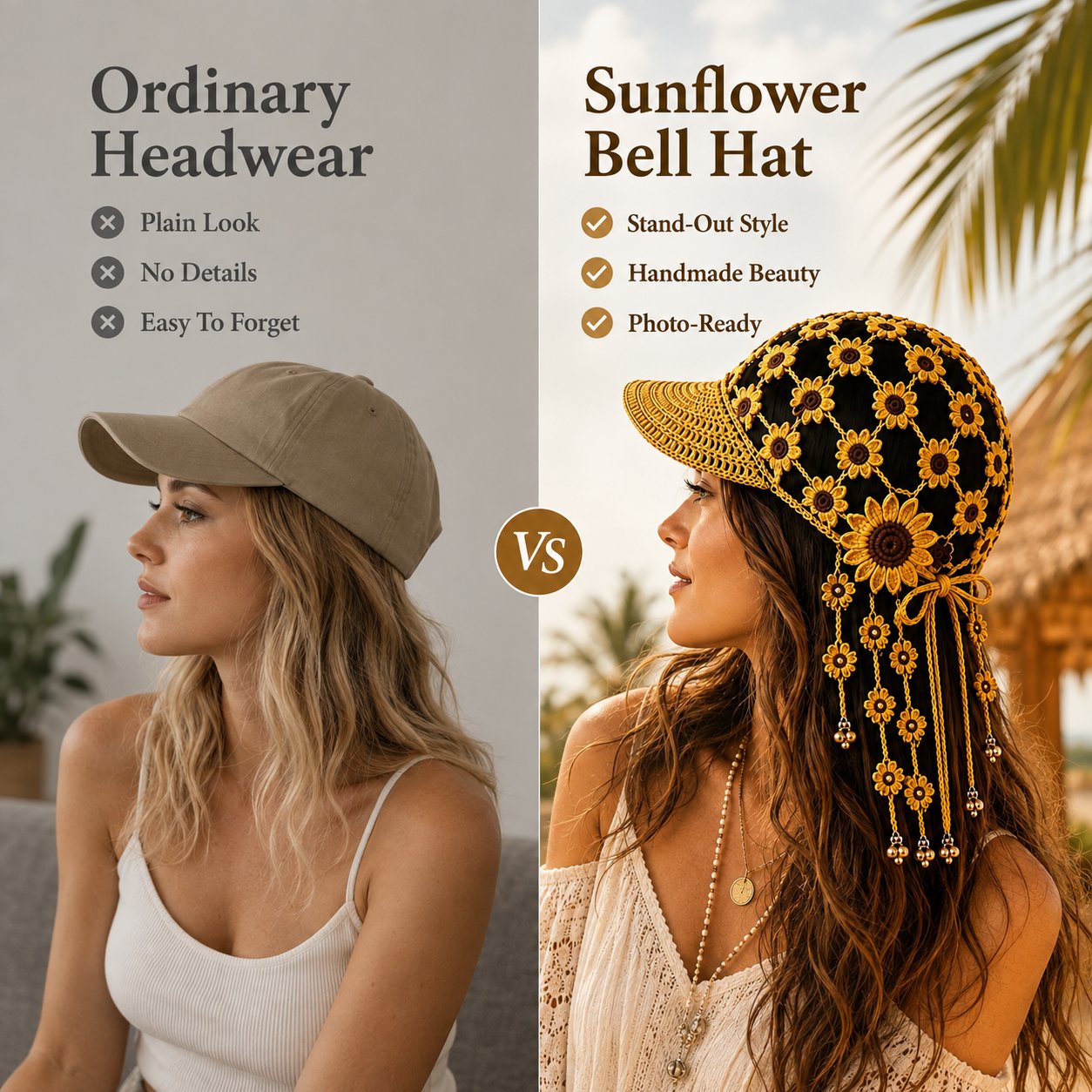 🌻🧶 Handmade Crochet Sunflower Tassel Bell Hat – Adjustable Boho Festival Headpiece for Vacations & Photoshoots ✨📸