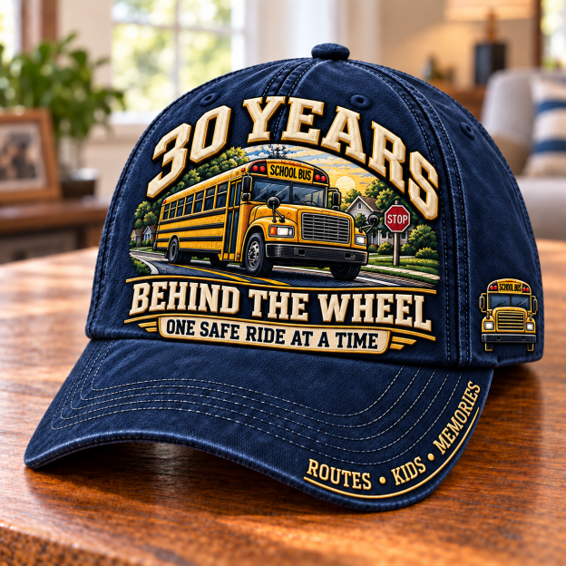 🚌 30 Years Behind The Wheel School Bus Driver Milestone Baseball Cap – Customizable Years