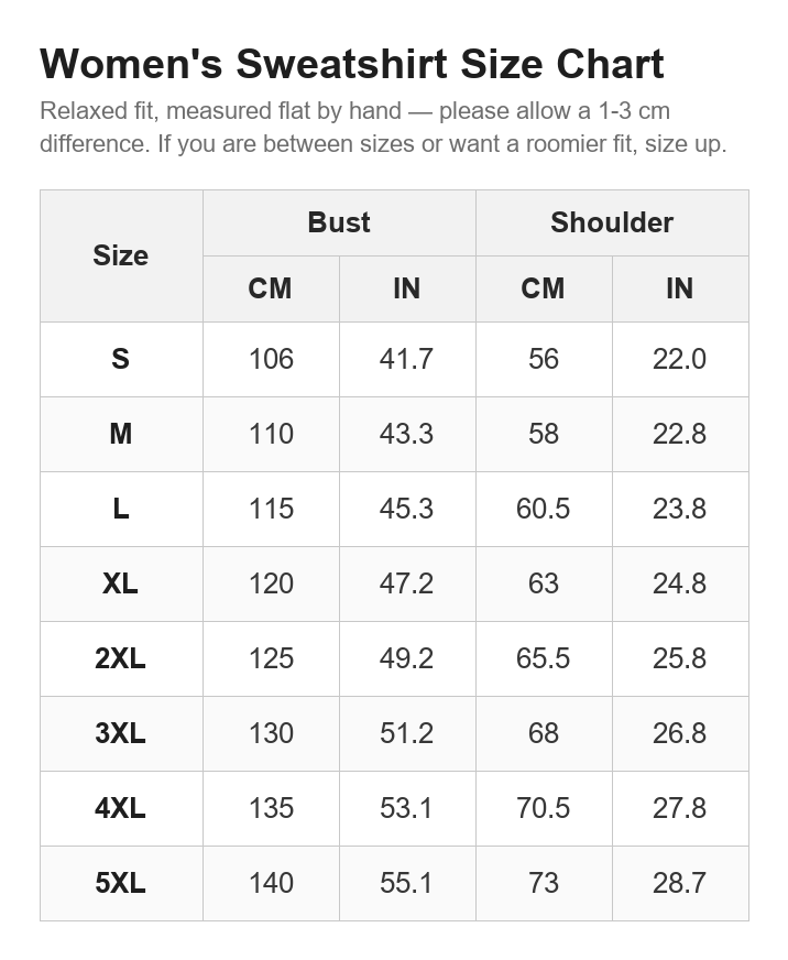 Women's sweatshirt size chart - bust and shoulder in cm and inches