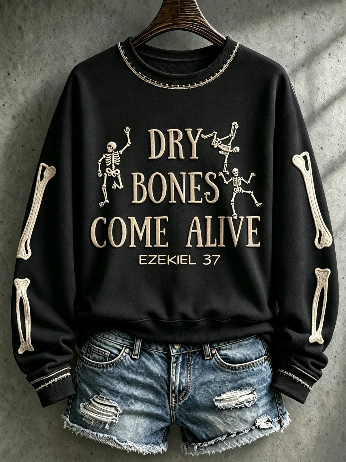 Black Ezekiel 37 scripture Christian long-sleeve sweatshirt with bone sleeve print