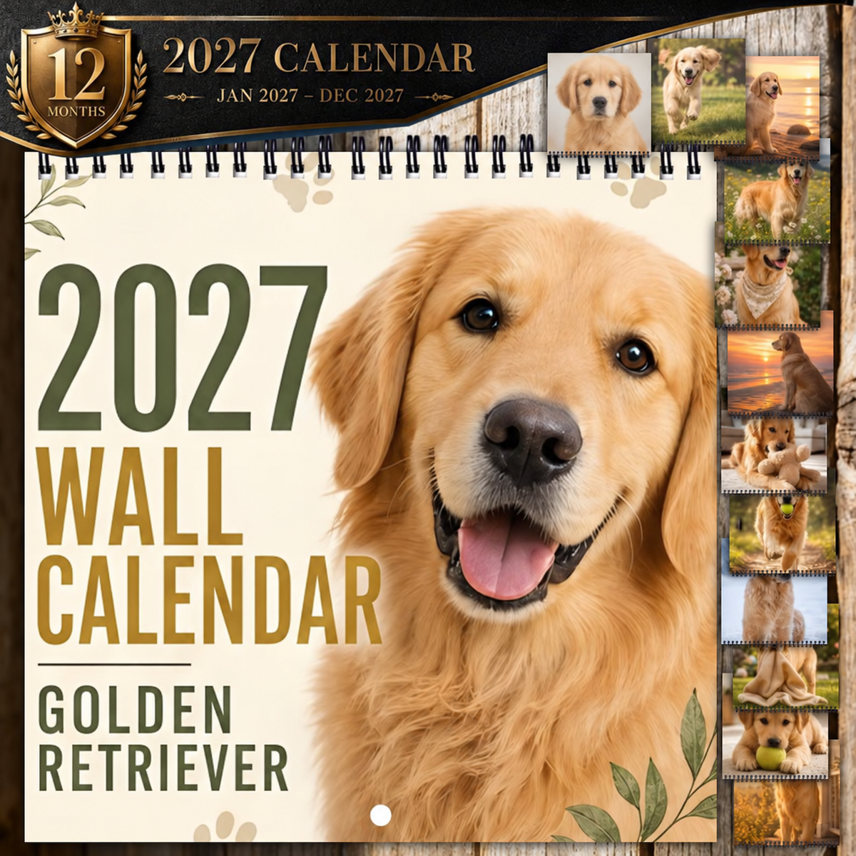 🐶 2027 Golden Retriever Wall Calendar – 12 Months of Heartwarming Golden Moments