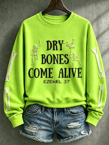 Lime green Ezekiel 37 Christian sweatshirt with skeleton sleeve graphic