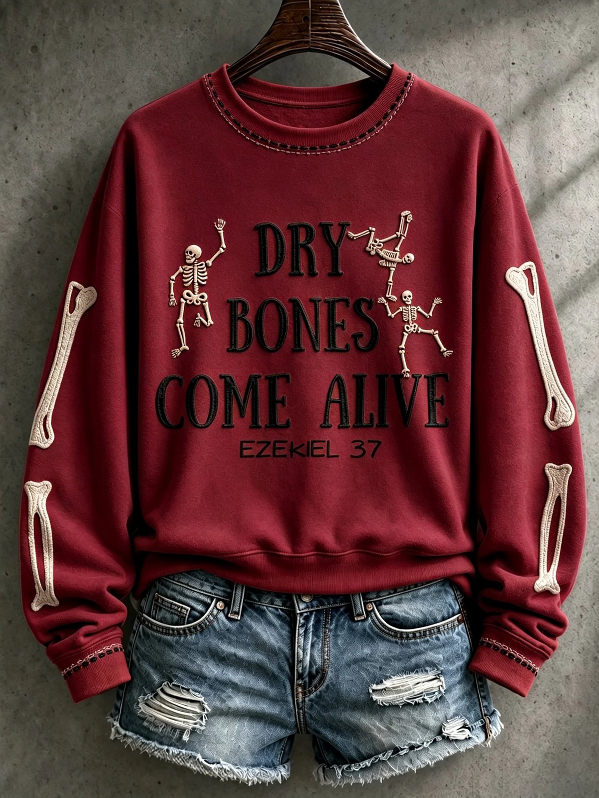 Burgundy Dry Bones Come Alive women's Christian sweatshirt front view