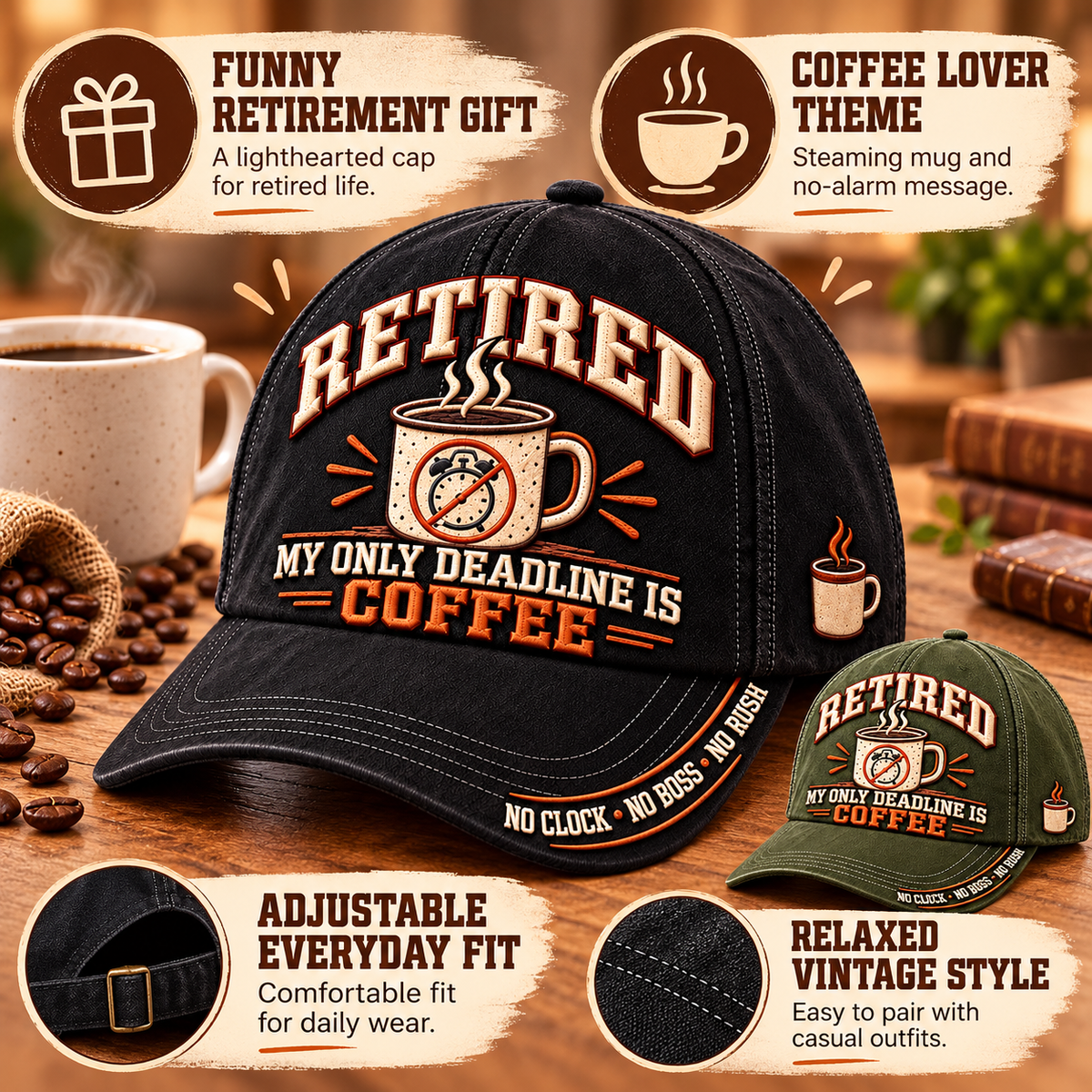 ☕ Retired My Only Deadline Is Coffee Baseball Cap – Funny Retirement Gift
