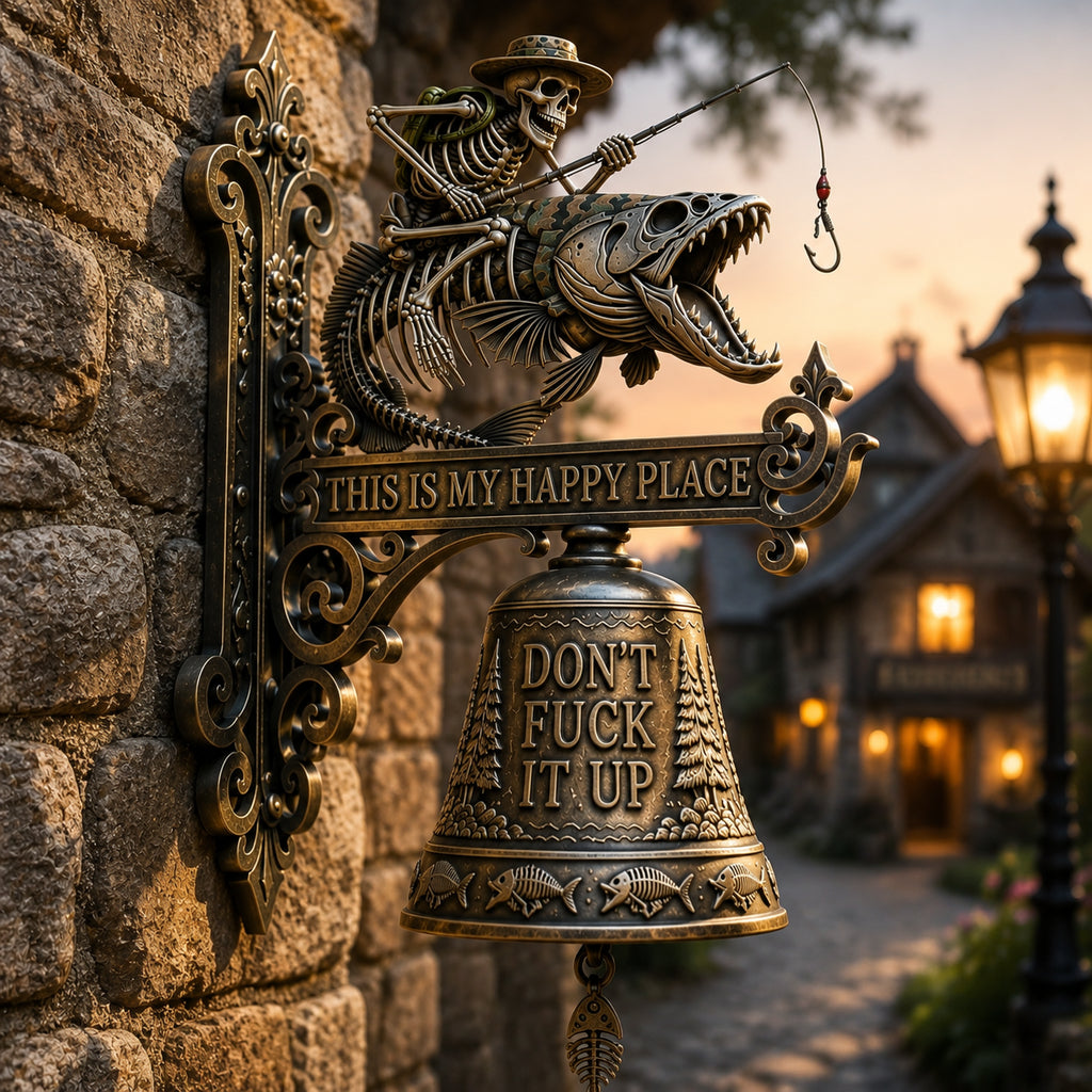 🎣 Metal Skeleton Fisherman Wall Bell – This Is My Happy Place Outdoor Décor