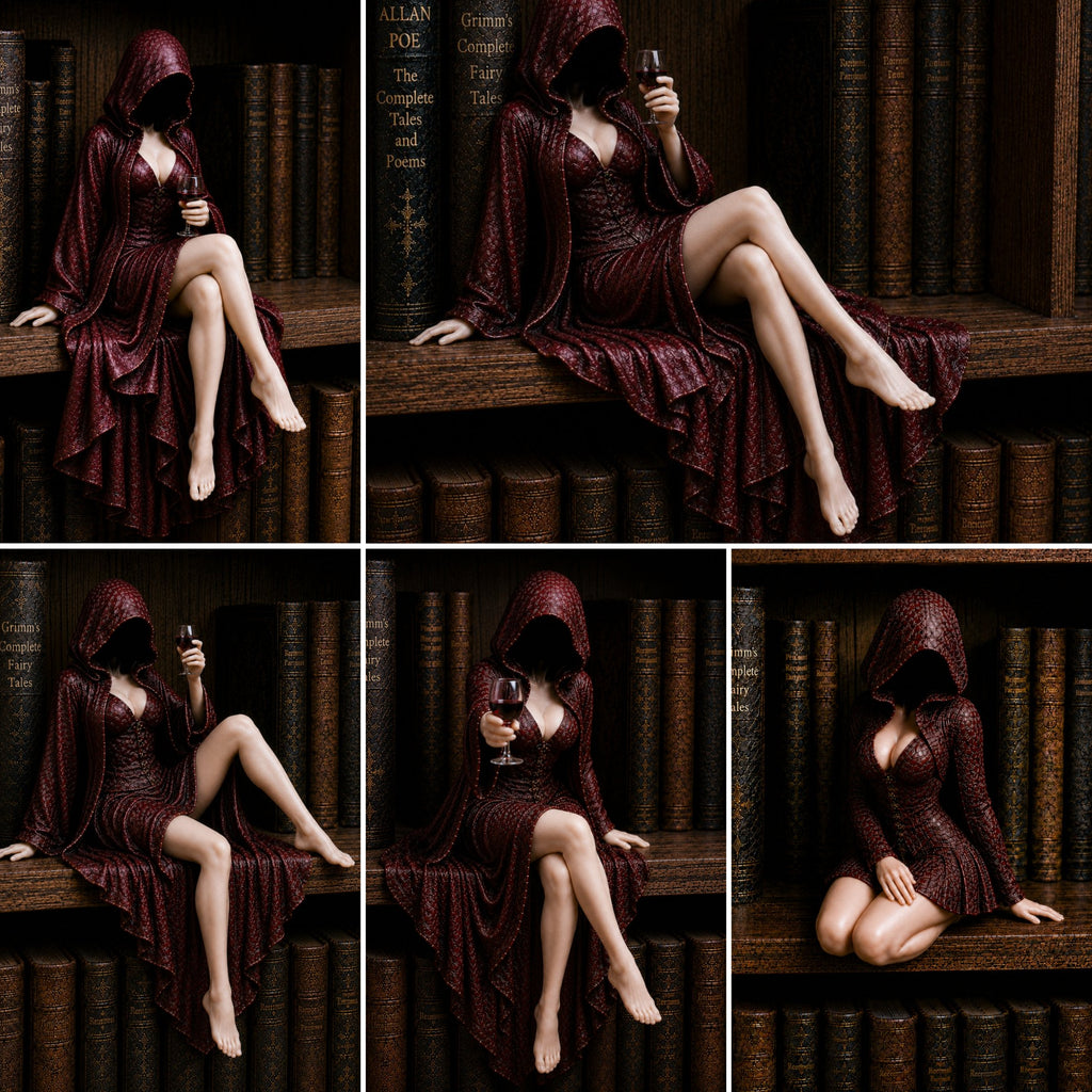 Midnight Reader Hooded Wine Muse Bookshelf Statue – Gothic Fantasy Shelf Decor