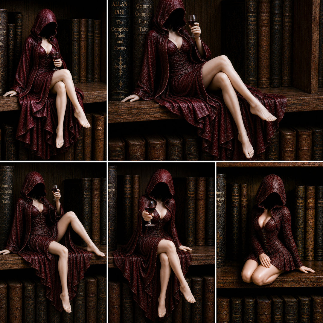 Midnight Reader Hooded Wine Muse Bookshelf Statue – Gothic Fantasy Shelf Decor