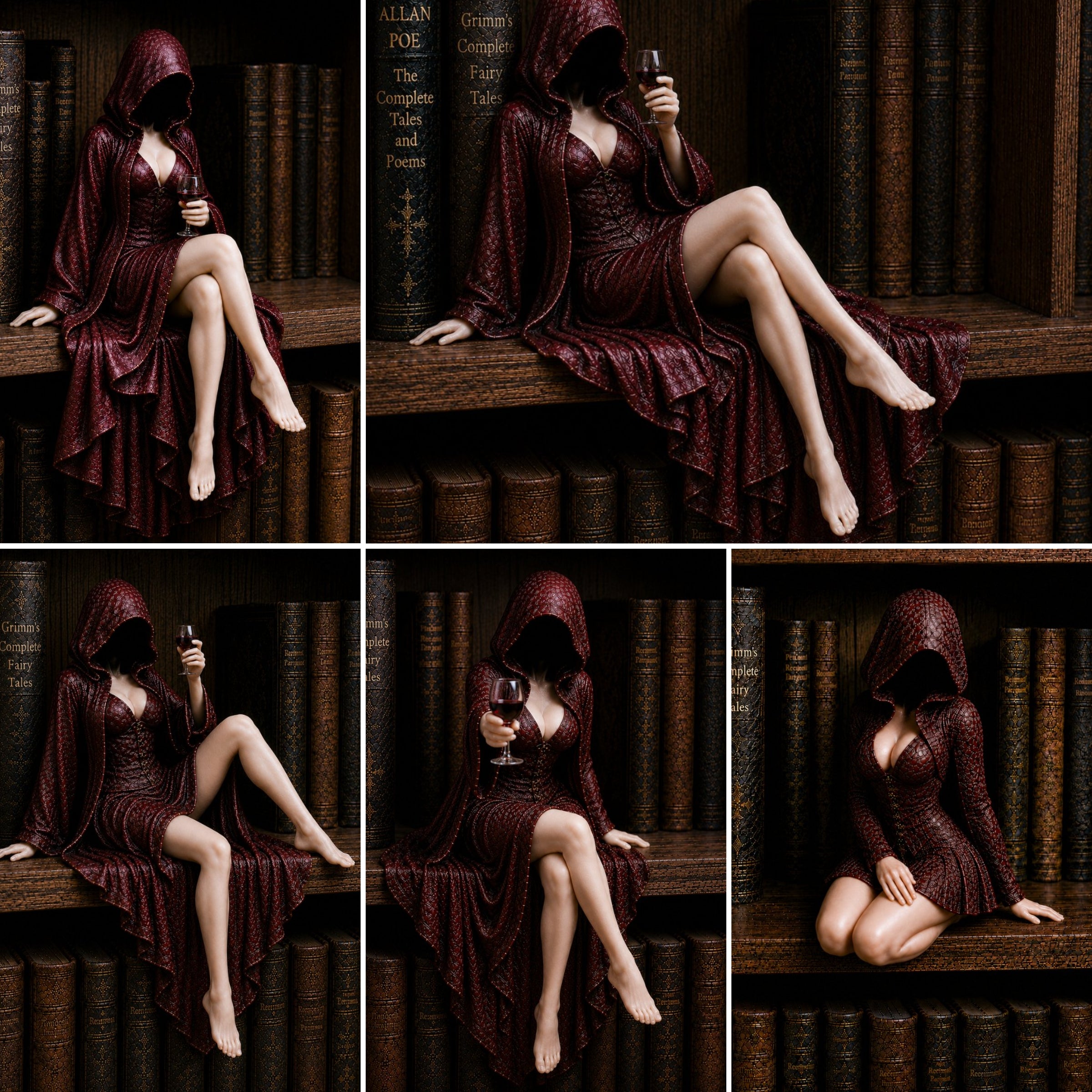 Midnight Reader Hooded Wine Muse Bookshelf Statue – Gothic Fantasy Shelf Decor