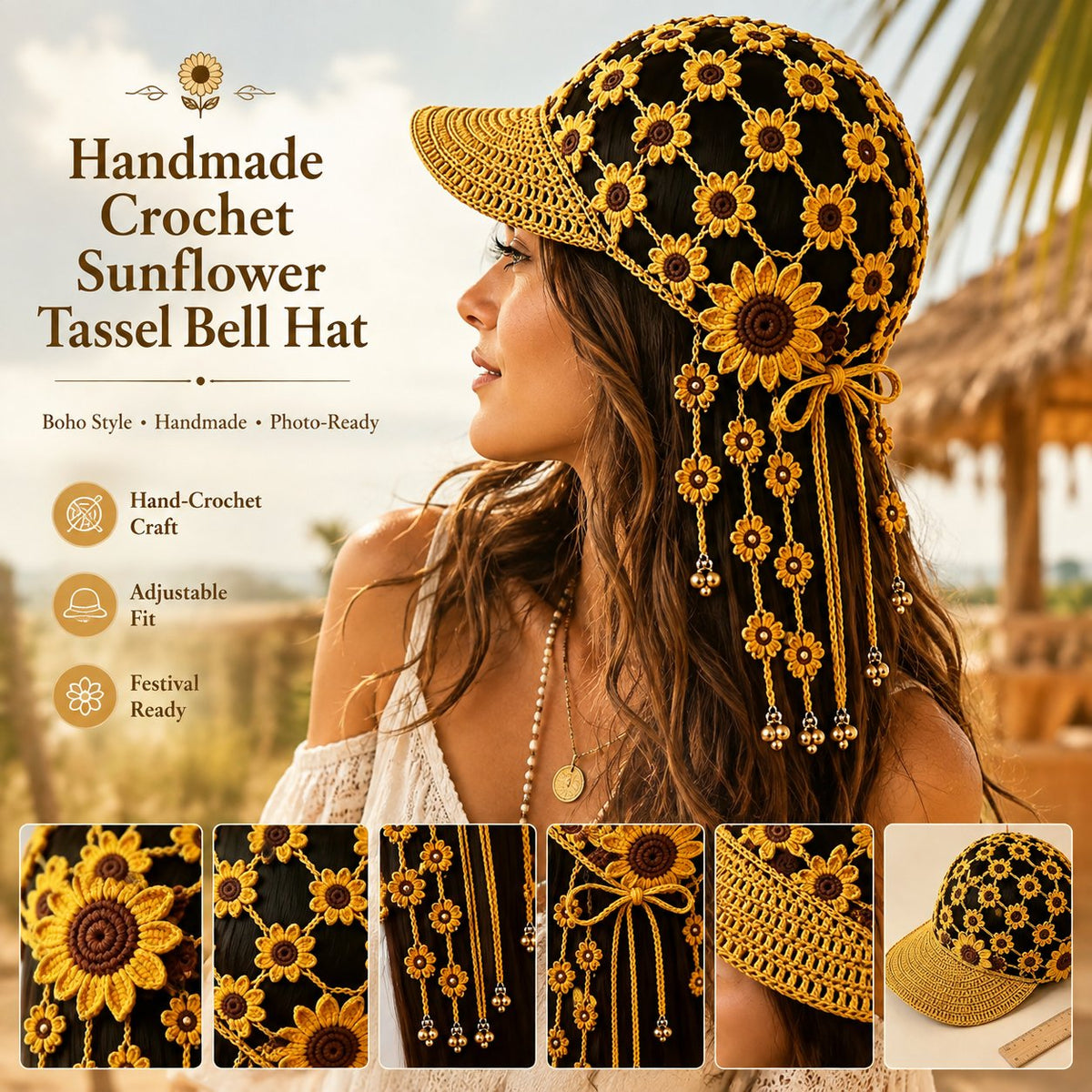 🌻🧶 Handmade Crochet Sunflower Tassel Bell Hat – Adjustable Boho Festival Headpiece for Vacations & Photoshoots ✨📸