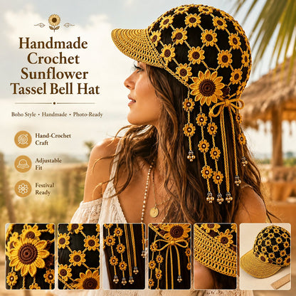 🌻🧶 Handmade Crochet Sunflower Tassel Bell Hat – Adjustable Boho Festival Headpiece for Vacations & Photoshoots ✨📸