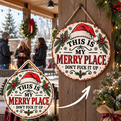 🎄🏡 This Is My Merry Place — Vintage Christmas Hanging Sign with Santa Hat & Holly