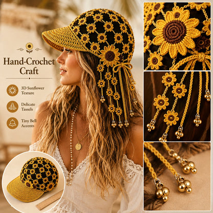 🌻🧶 Handmade Crochet Sunflower Tassel Bell Hat – Adjustable Boho Festival Headpiece for Vacations & Photoshoots ✨📸