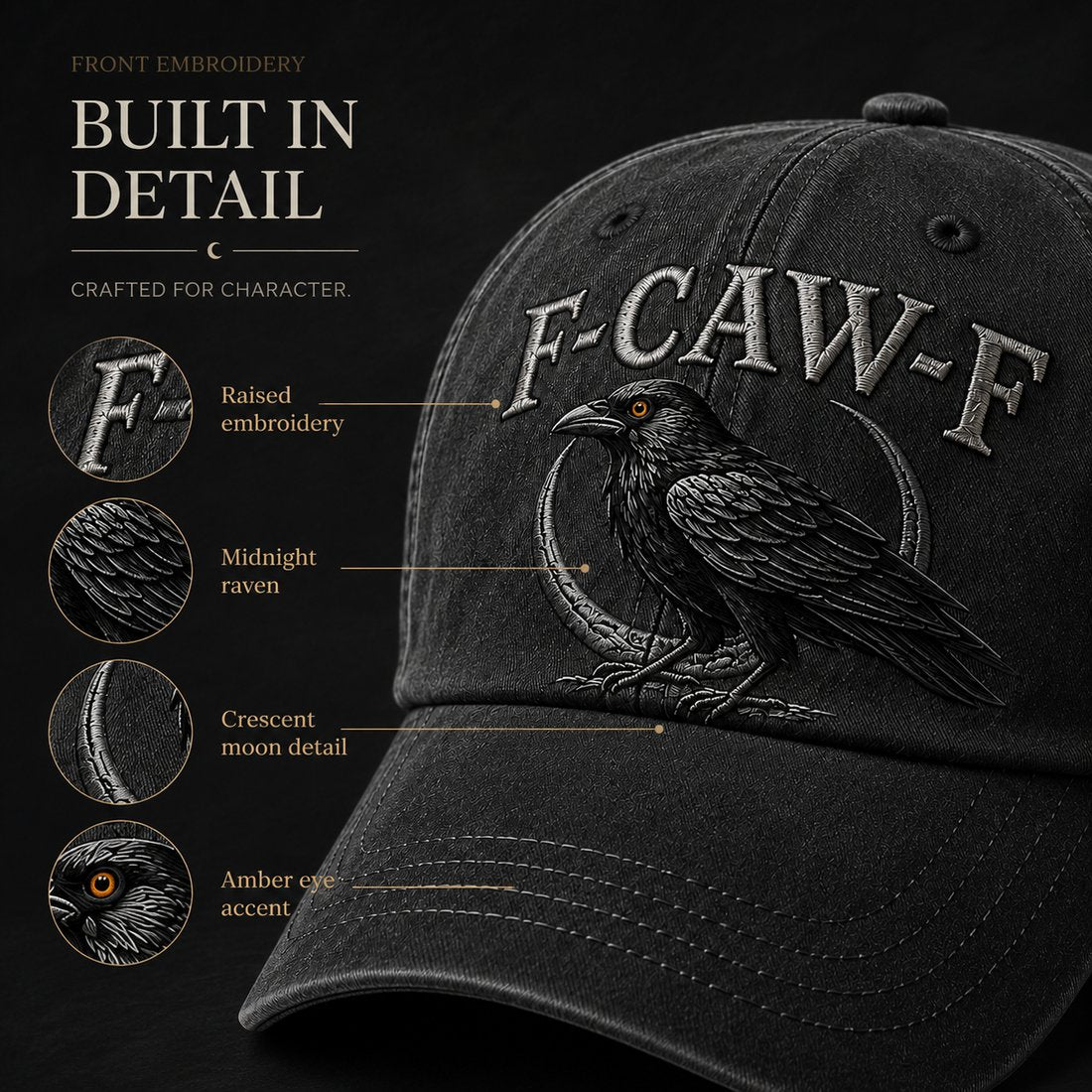 🐦‍⬛F-CAW-F Midnight Edition Raven Cap – Vintage Washed Embroidered Crow Hat