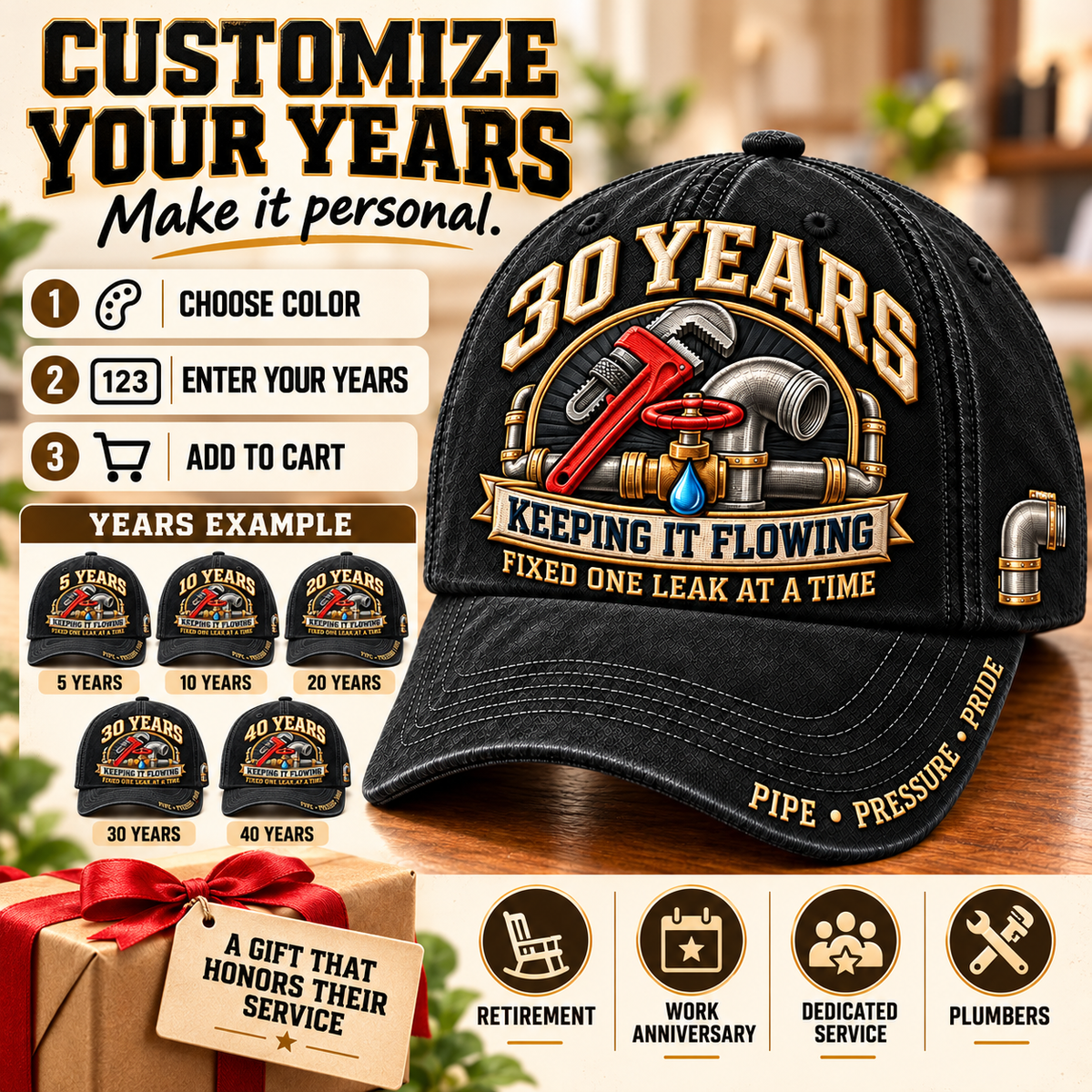 🔧💧 30 Years Keeping It Flowing Plumber Milestone Baseball Cap – Customizable Years