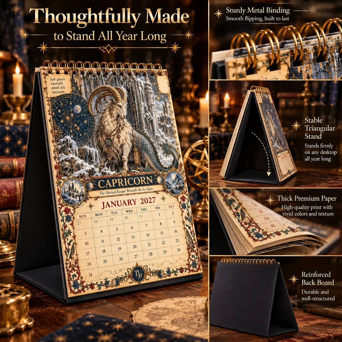 🔮 2027 Zodiac Grimoire Desk Calendar | 12 Medieval-Inspired Zodiac Artworks for Astrology & Gothic Art Lovers ✨