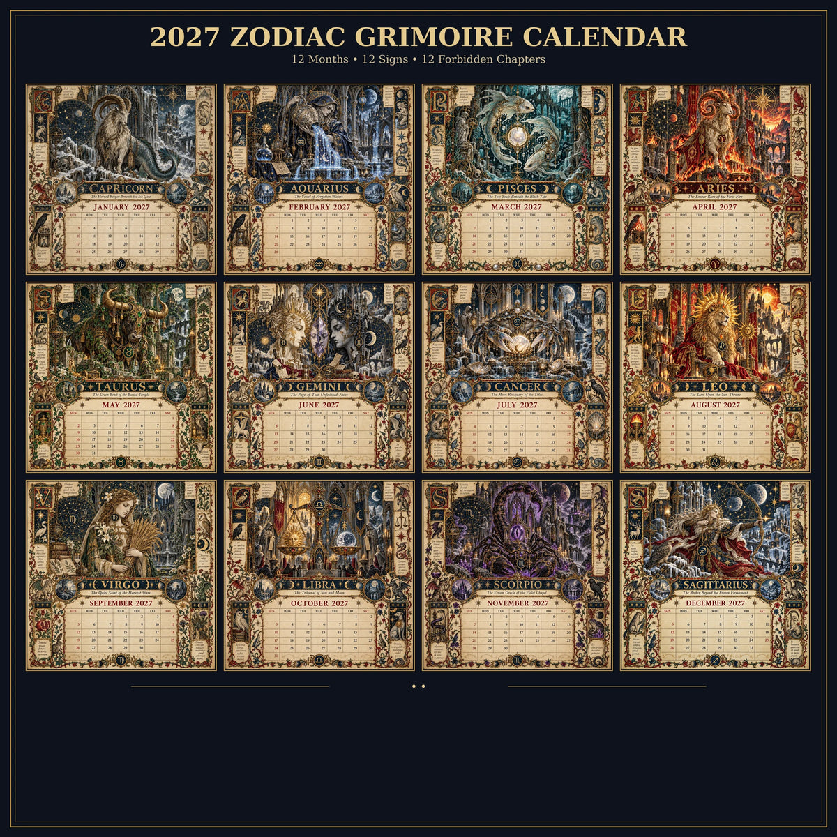 🔮 2027 Zodiac Grimoire Desk Calendar | 12 Medieval-Inspired Zodiac Artworks for Astrology & Gothic Art Lovers ✨