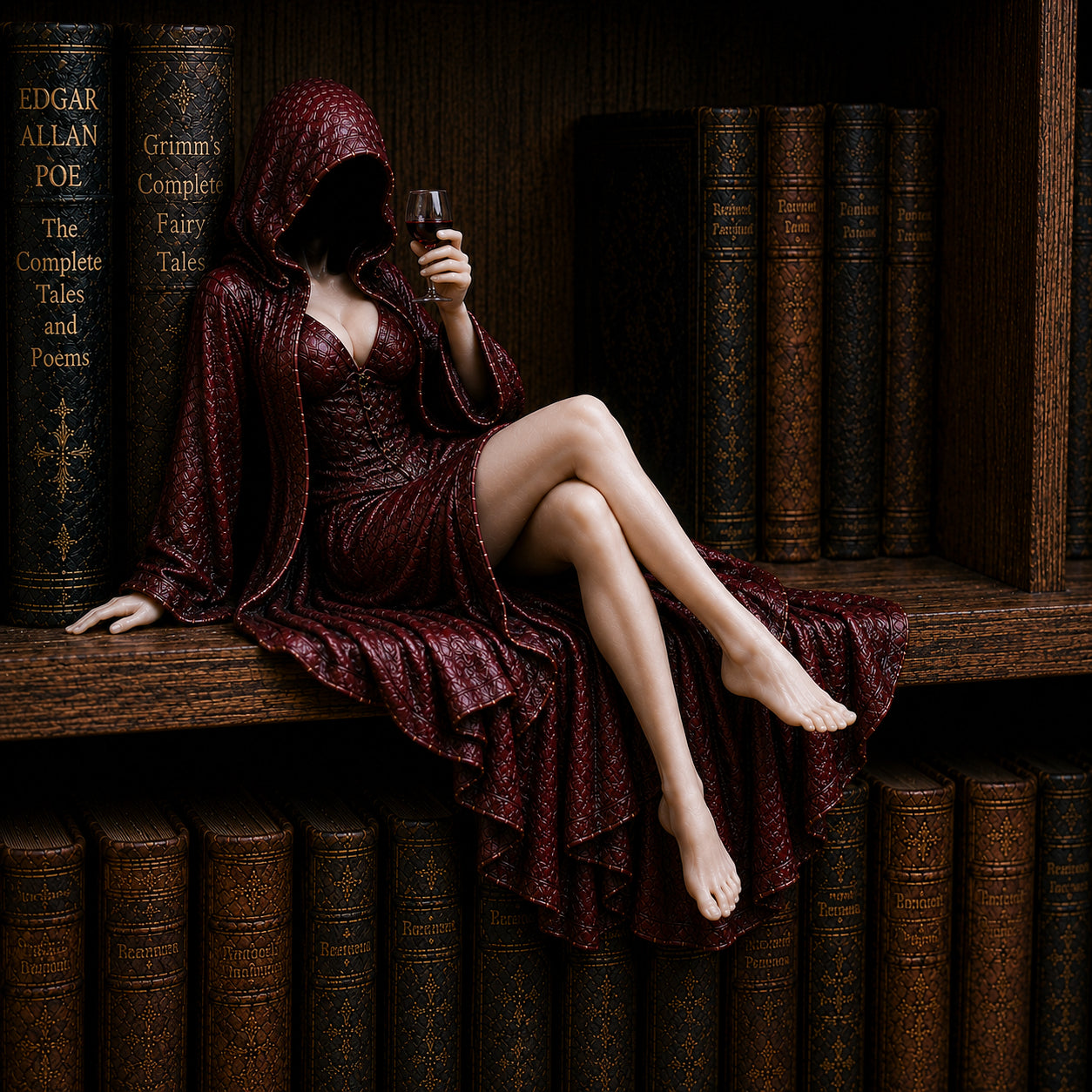 Midnight Reader Hooded Wine Muse Bookshelf Statue – Gothic Fantasy Shelf Decor