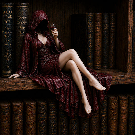Midnight Reader Hooded Wine Muse Bookshelf Statue – Gothic Fantasy Shelf Decor