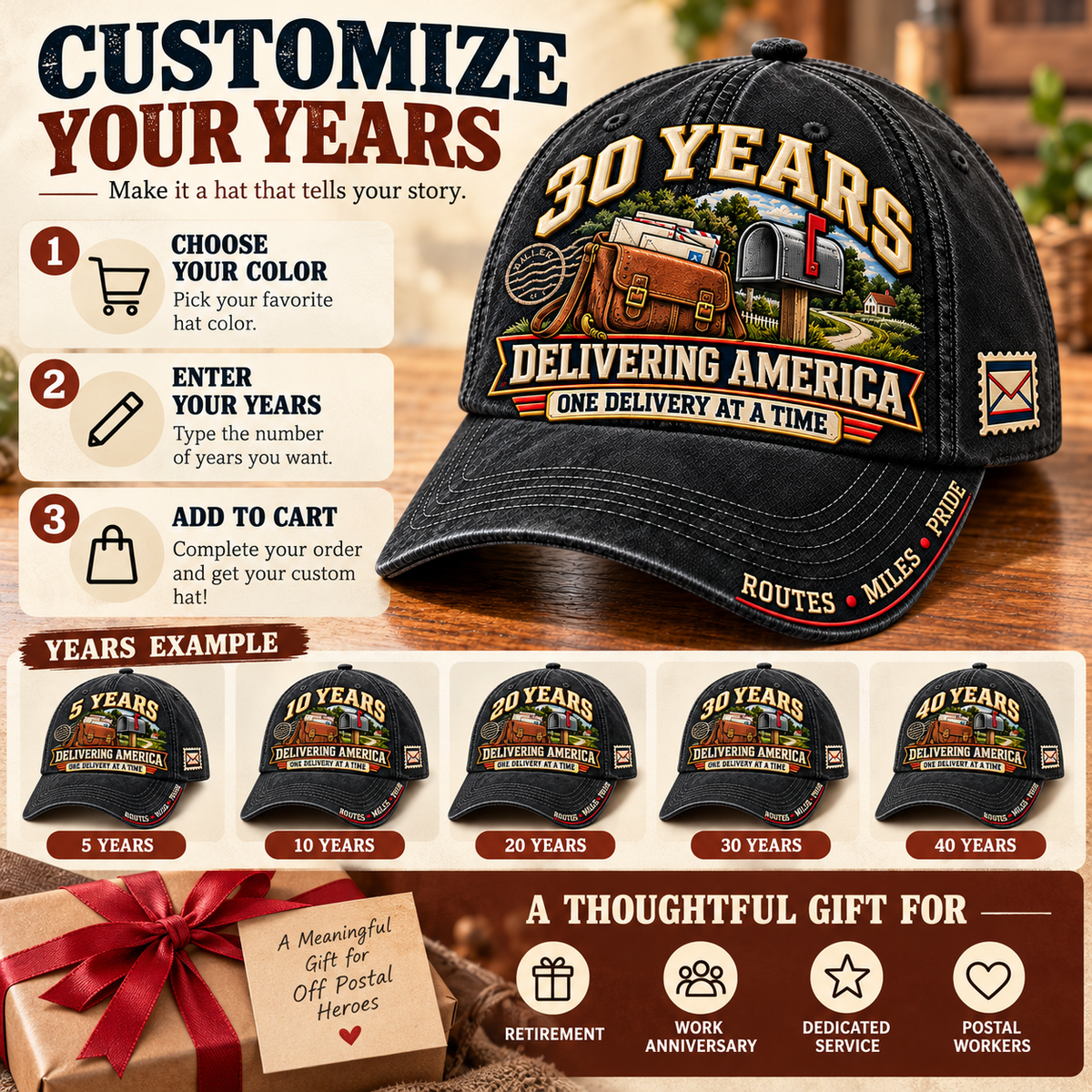 📬 30 Years Delivering America Postal Worker Milestone Baseball Cap – Customizable Years