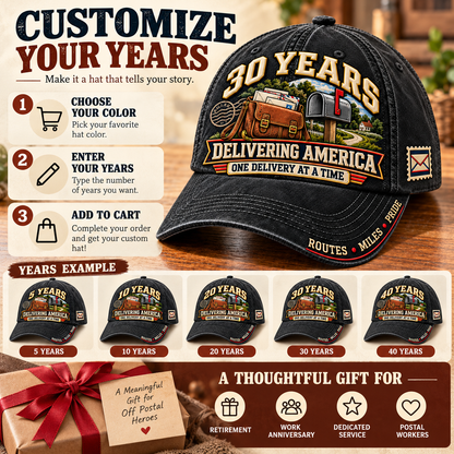 📬 30 Years Delivering America Postal Worker Milestone Baseball Cap – Customizable Years