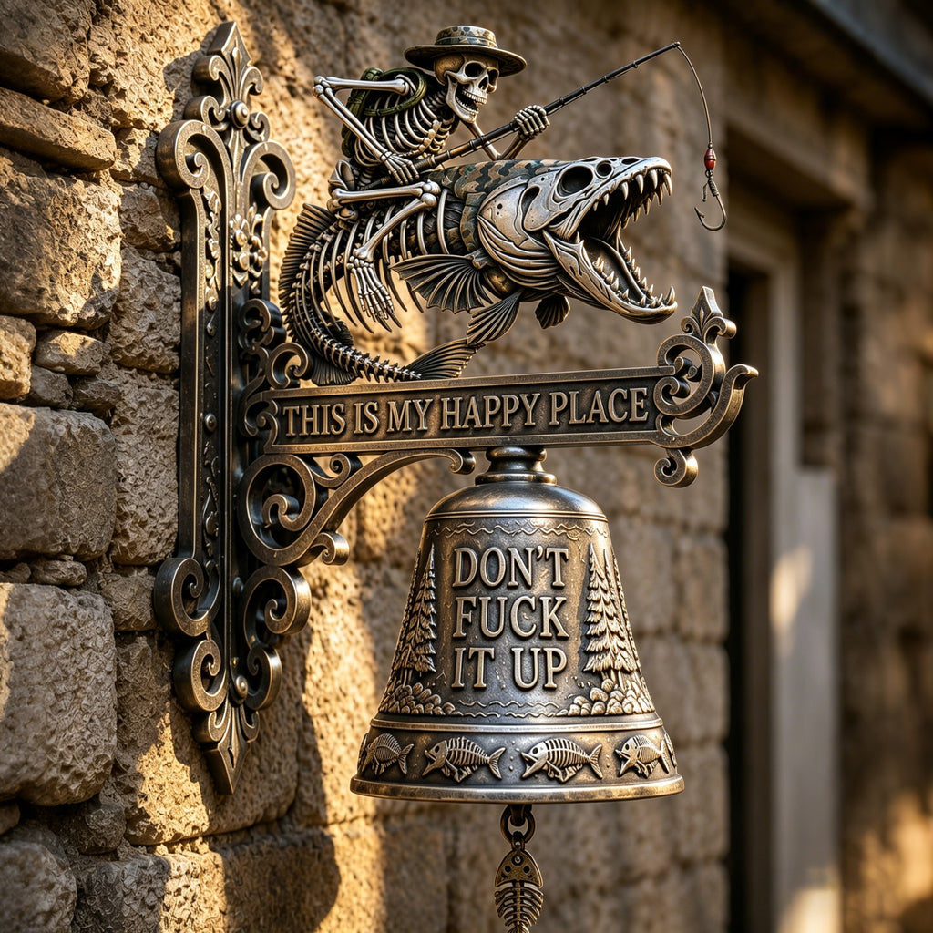 🎣 Metal Skeleton Fisherman Wall Bell – This Is My Happy Place Outdoor Décor