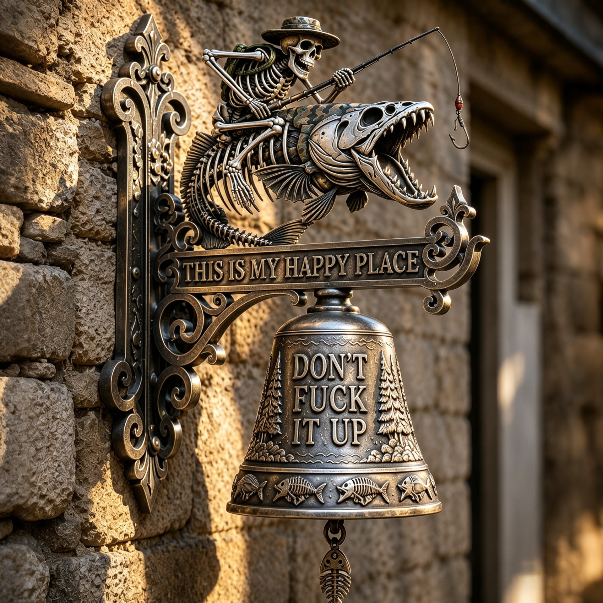 🎣 Metal Skeleton Fisherman Wall Bell – This Is My Happy Place Outdoor Décor