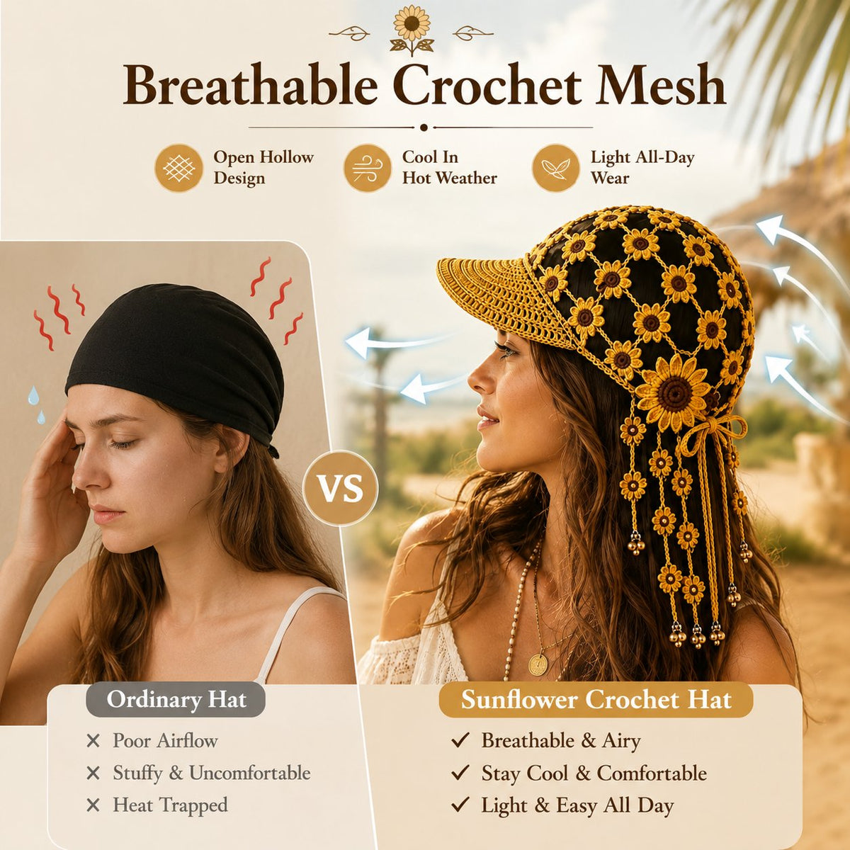 🌻🧶 Handmade Crochet Sunflower Tassel Bell Hat – Adjustable Boho Festival Headpiece for Vacations & Photoshoots ✨📸