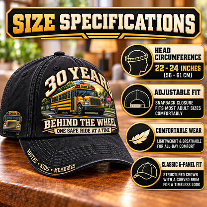 🚌 30 Years Behind The Wheel School Bus Driver Milestone Baseball Cap – Customizable Years