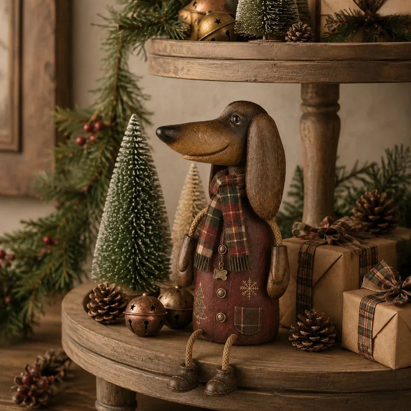 🐾 Vintage Christmas Dachshund Shelf Sitter 🎄 Rustic Farmhouse Holiday Dog Figurine