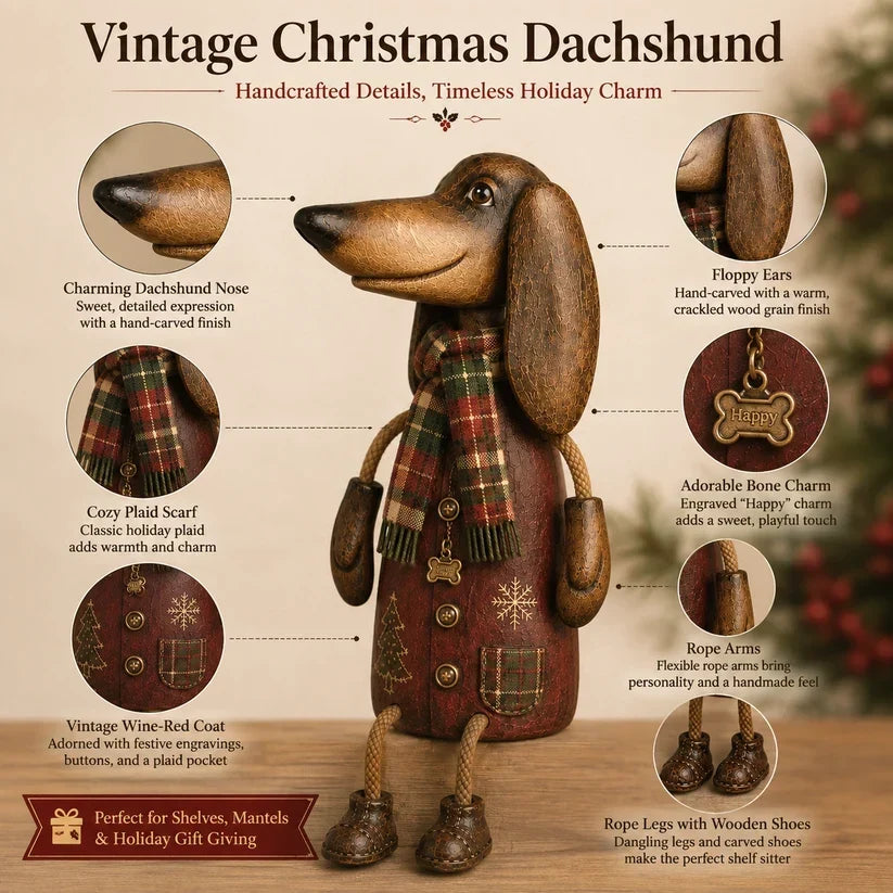 🐾 Vintage Christmas Dachshund Shelf Sitter 🎄 Rustic Farmhouse Holiday Dog Figurine