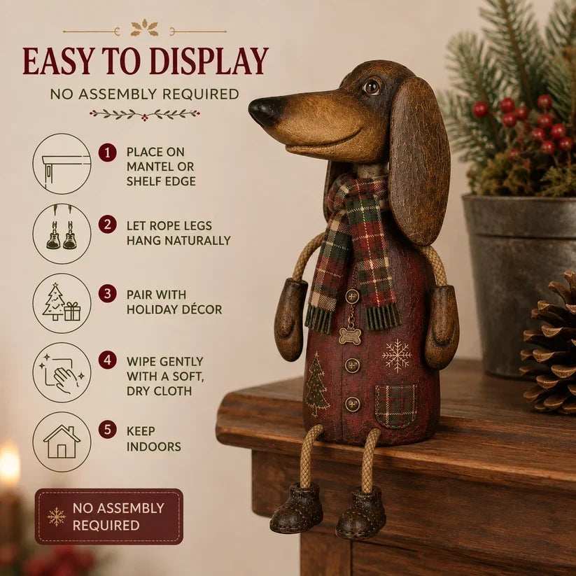 🐾 Vintage Christmas Dachshund Shelf Sitter 🎄 Rustic Farmhouse Holiday Dog Figurine