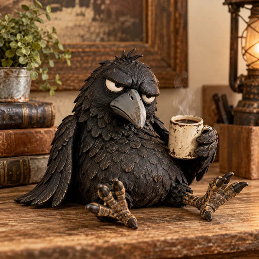 🐦‍⬛☕ Grumpy Raven Coffee Figurine – Rustic Vintage Farmhouse Tabletop Decor
