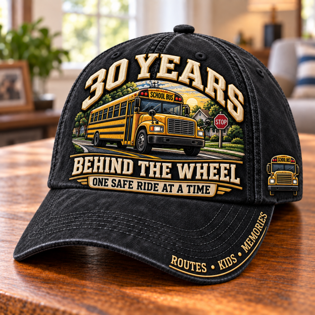 🚌 30 Years Behind The Wheel School Bus Driver Milestone Baseball Cap – Customizable Years