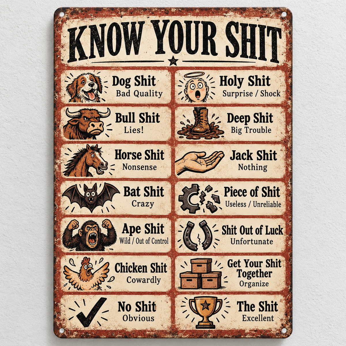 💩 Know Your Shit Funny Vintage Metal Tin Sign – Adult Humor Wall Décor