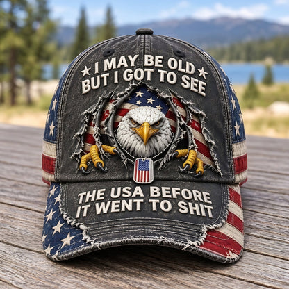🦅 Vintage Eagle American Flag Washed Baseball Cap – Old School USA Humor