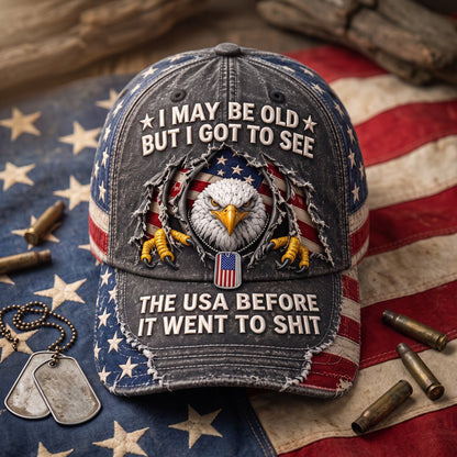 🦅 Vintage Eagle American Flag Washed Baseball Cap – Old School USA Humor