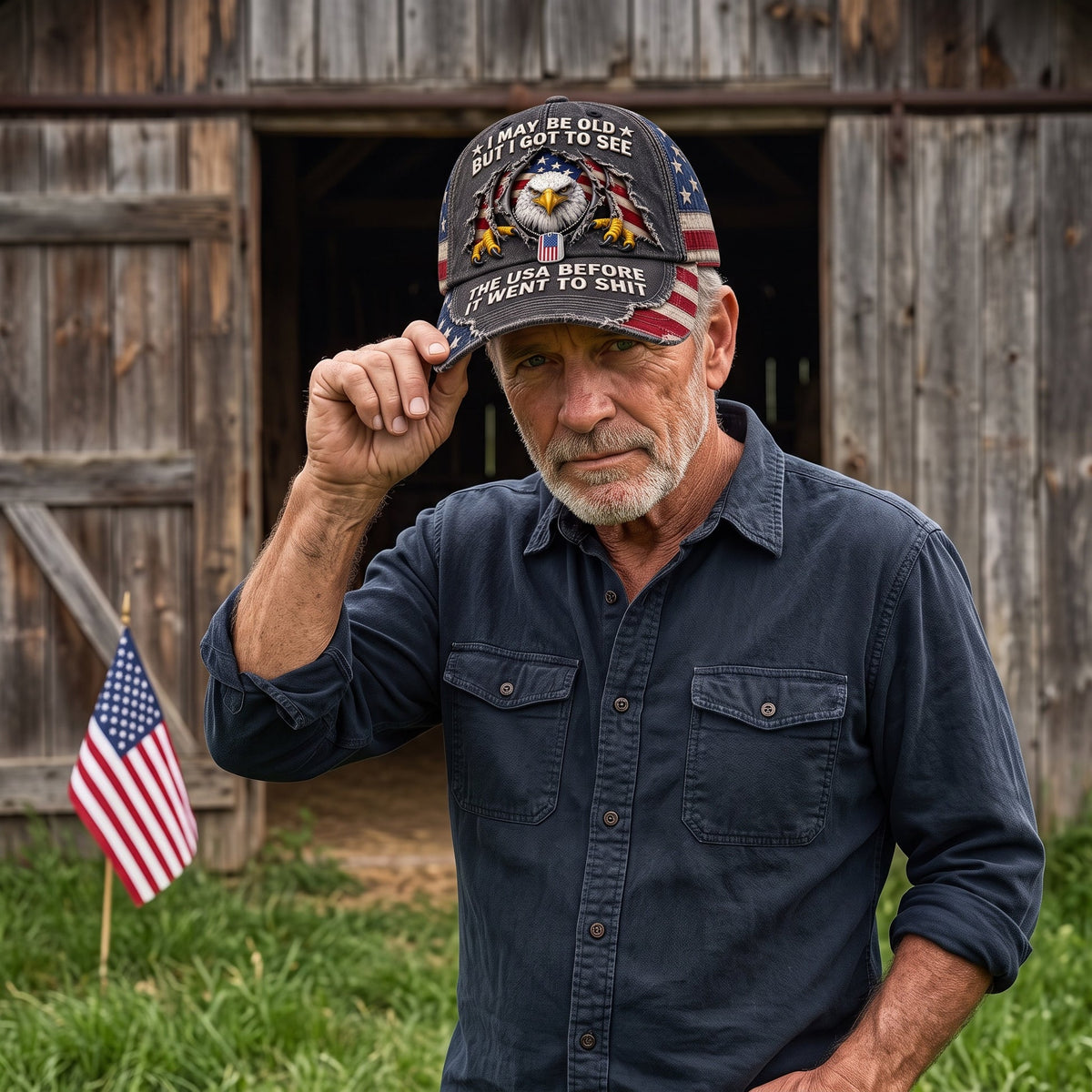 🦅 Vintage Eagle American Flag Washed Baseball Cap – Old School USA Humor