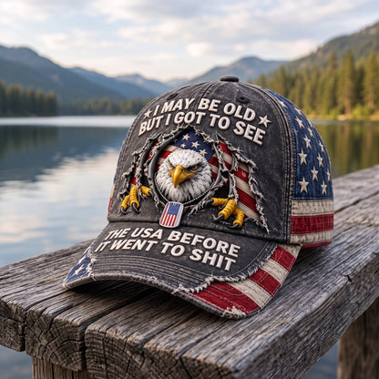 🦅 Vintage Eagle American Flag Washed Baseball Cap – Old School USA Humor