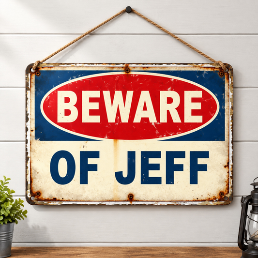 ⚠️😂 Beware of Jeff Metal Sign – Funny Vintage Garage Warning Sign 🔩🛠️
