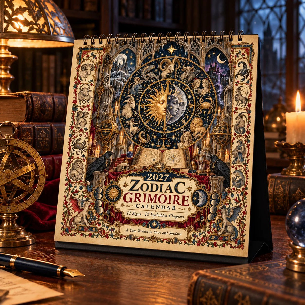 🔮 2027 Zodiac Grimoire Desk Calendar | 12 Medieval-Inspired Zodiac Artworks for Astrology & Gothic Art Lovers ✨