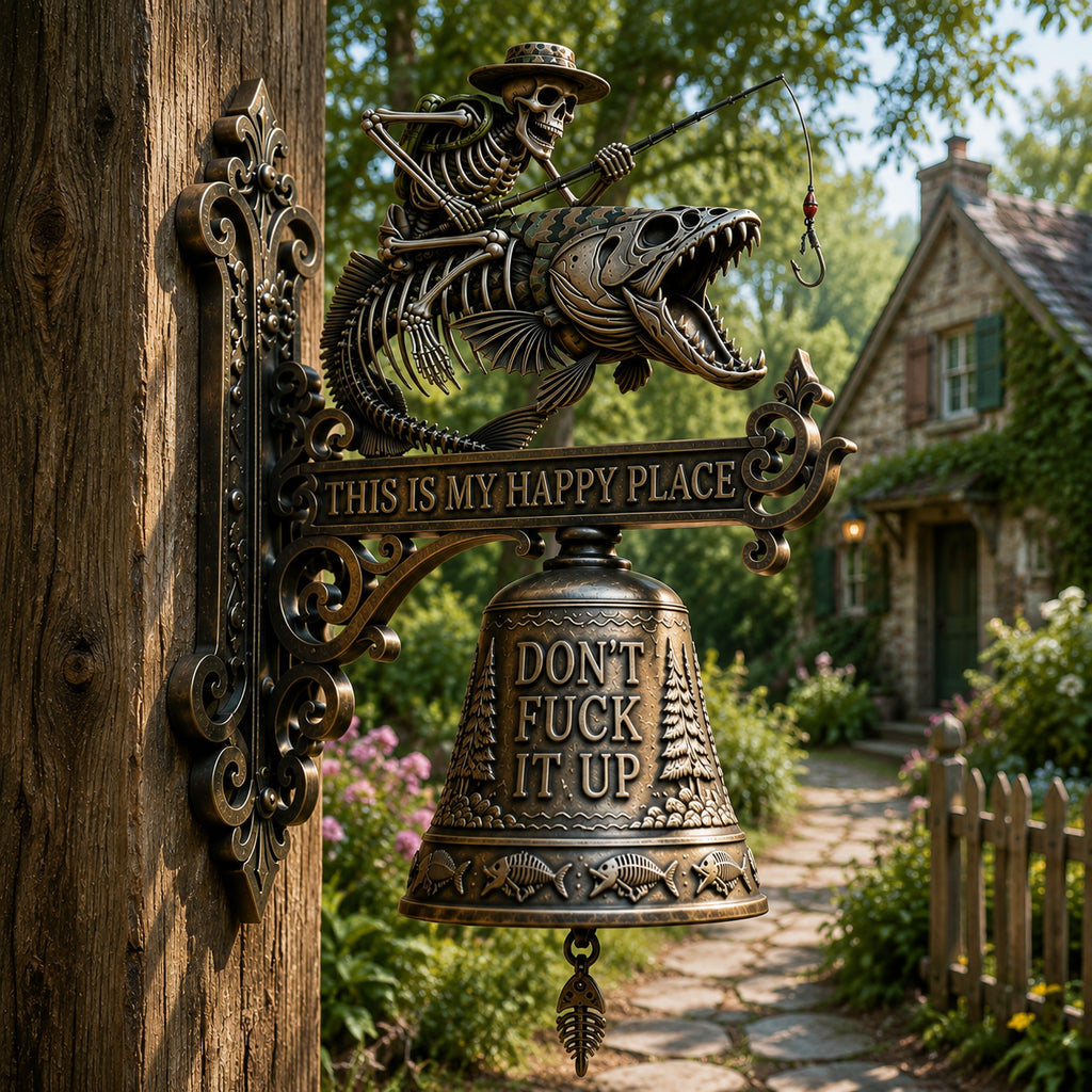 🎣 Metal Skeleton Fisherman Wall Bell – This Is My Happy Place Outdoor Décor