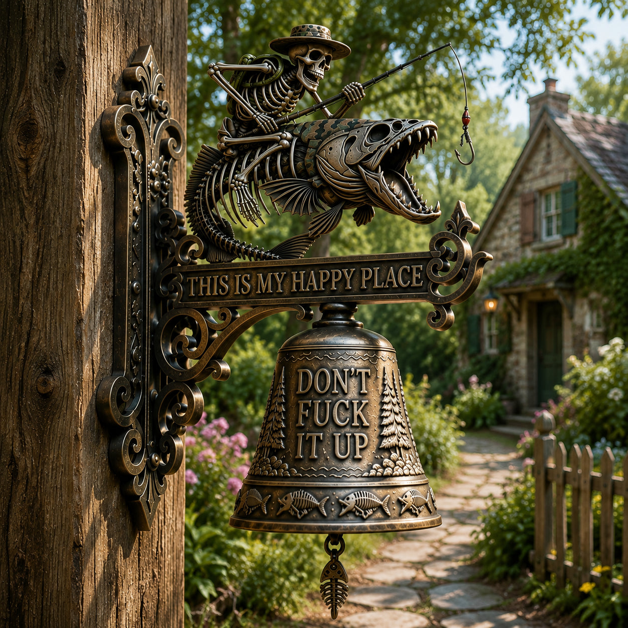 🎣 Metal Skeleton Fisherman Wall Bell – This Is My Happy Place Outdoor Décor