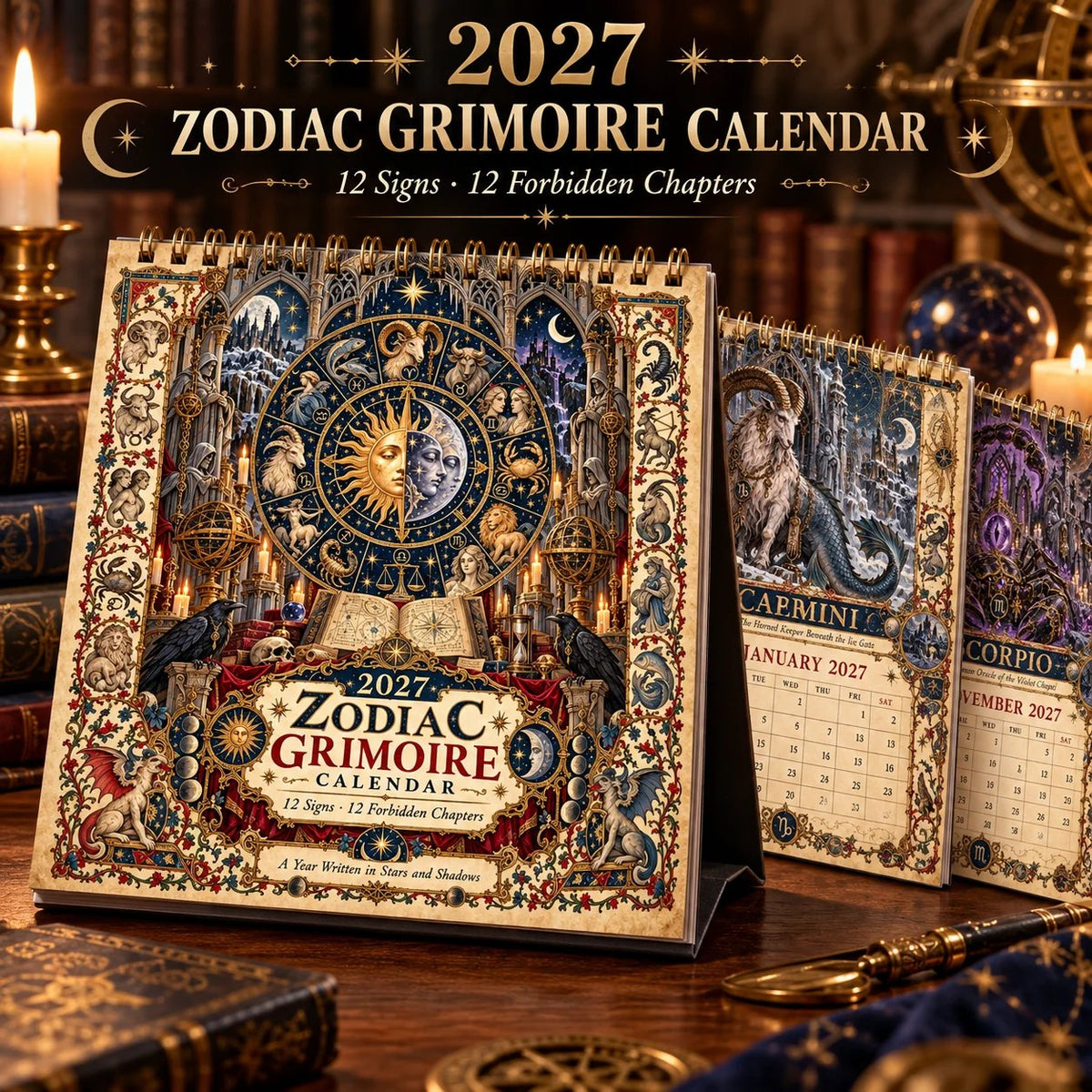🔮 2027 Zodiac Grimoire Desk Calendar | 12 Medieval-Inspired Zodiac Artworks for Astrology & Gothic Art Lovers ✨