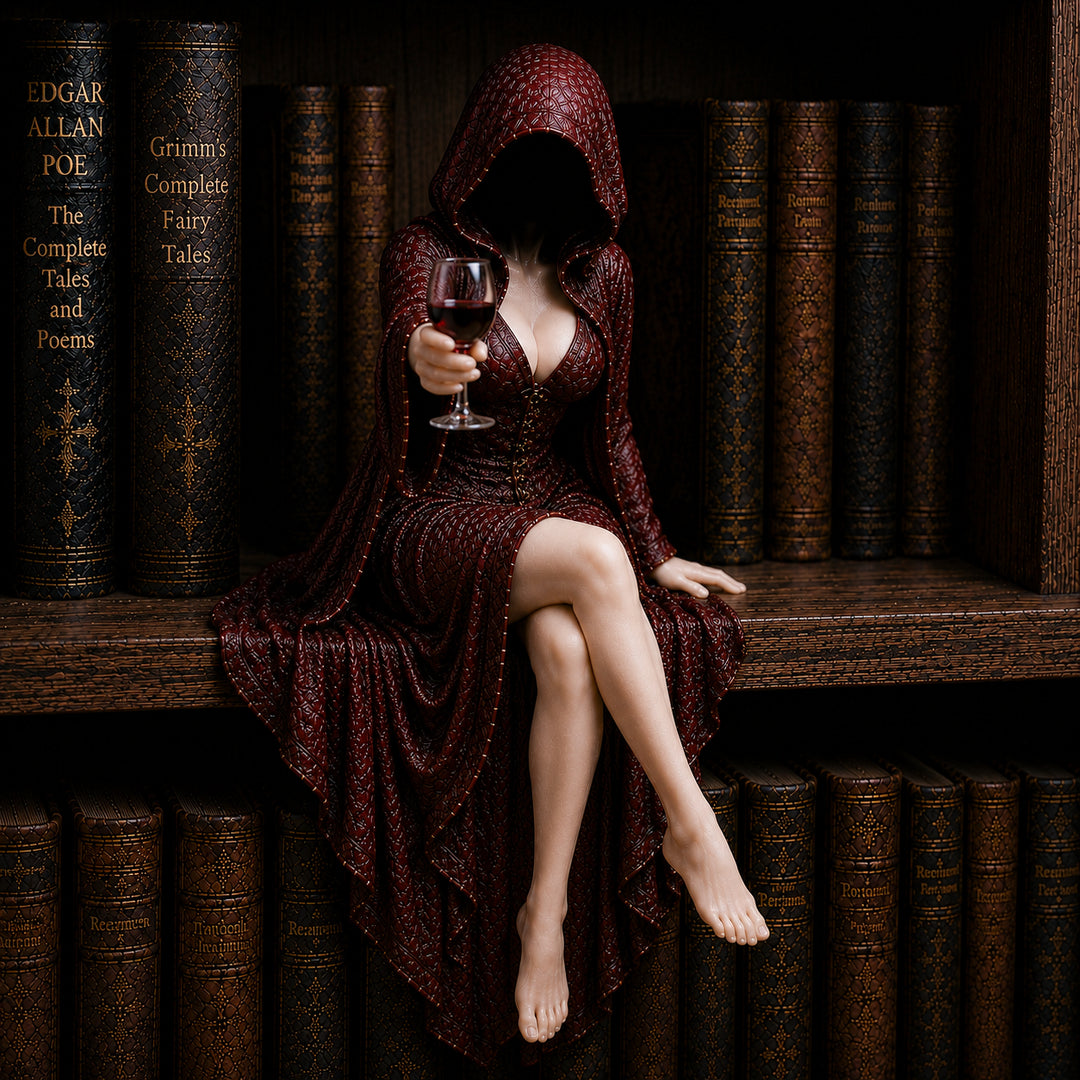 Midnight Reader Hooded Wine Muse Bookshelf Statue – Gothic Fantasy Shelf Decor