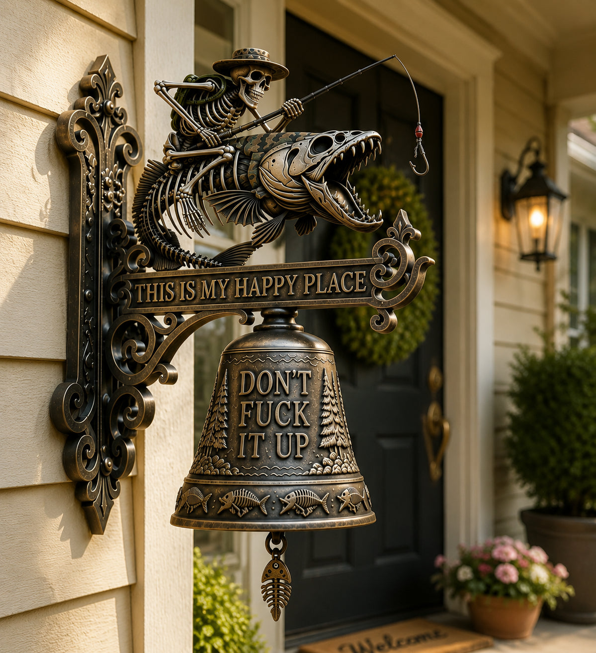 🎣 Metal Skeleton Fisherman Wall Bell – This Is My Happy Place Outdoor Décor