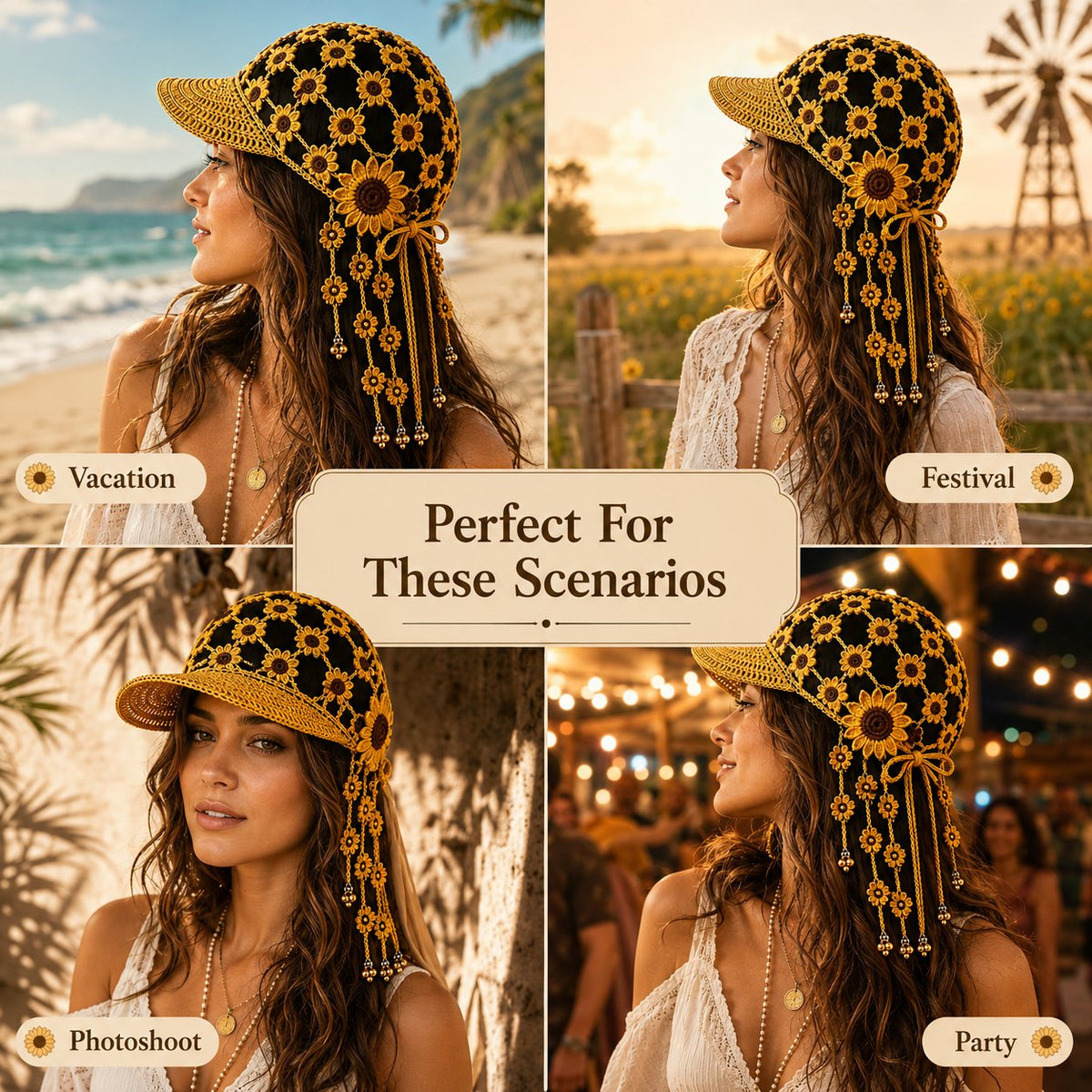 🌻🧶 Handmade Crochet Sunflower Tassel Bell Hat – Adjustable Boho Festival Headpiece for Vacations & Photoshoots ✨📸