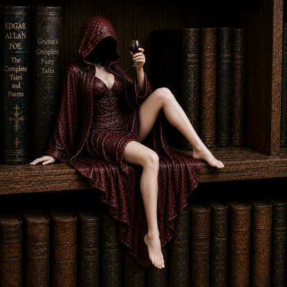 Midnight Reader Hooded Wine Muse Bookshelf Statue – Gothic Fantasy Shelf Decor
