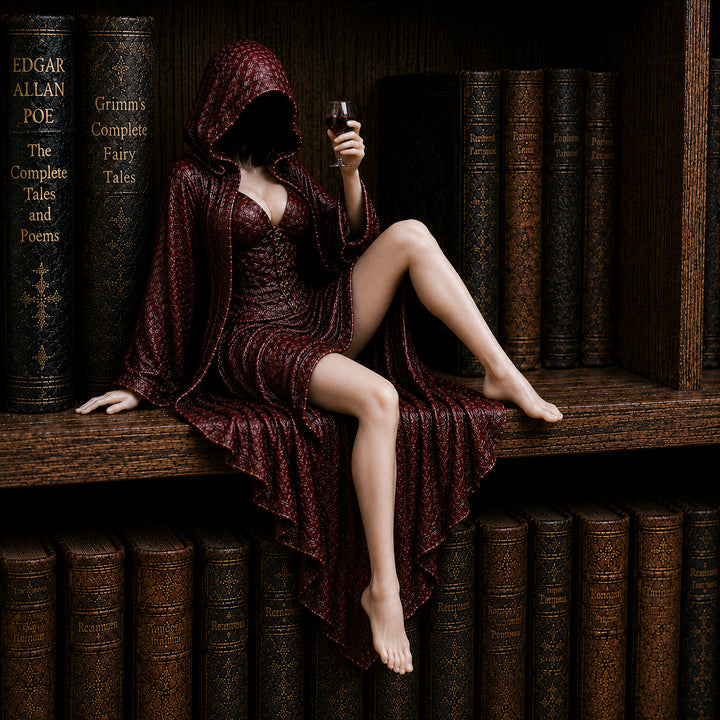 Midnight Reader Hooded Wine Muse Bookshelf Statue – Gothic Fantasy Shelf Decor